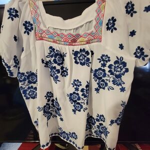 Floral Embroidered White and Blue Women's Top